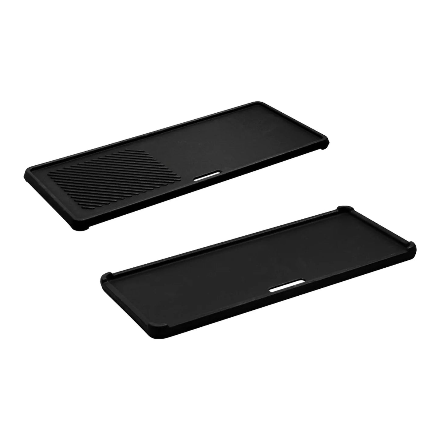 Black rectangular reversible griddle plates with ribbed and smooth cooking surfaces for Enders Monroe 3 gas bbq