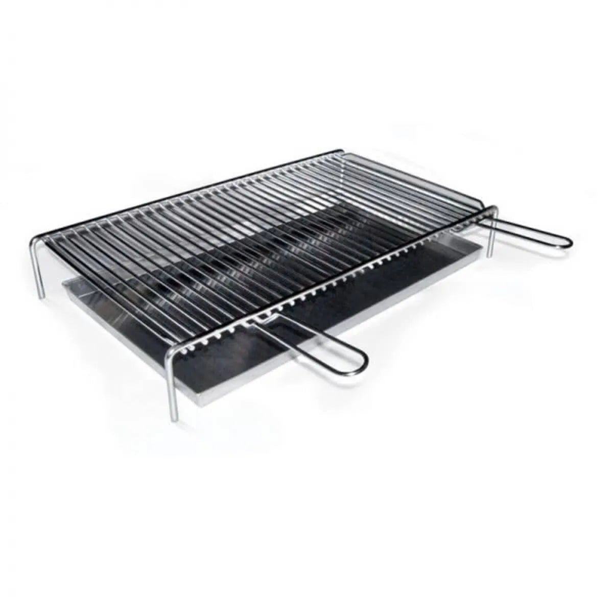 Stainless steel fontana barbecue grill set with rectangular black cooking surface and two side handles including grid and grease pan