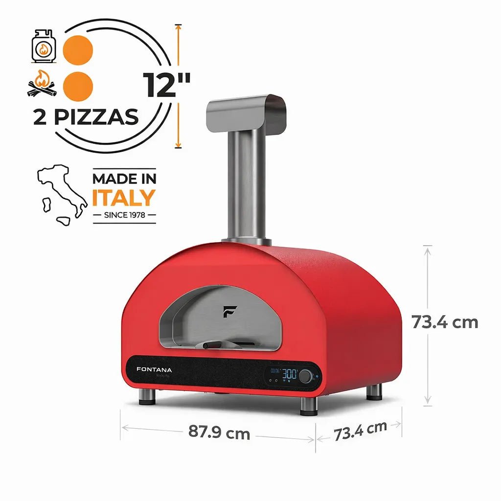 Fontana forni volta 70 dual fuel electric pizza oven in red with sleek design and stainless steel chimney