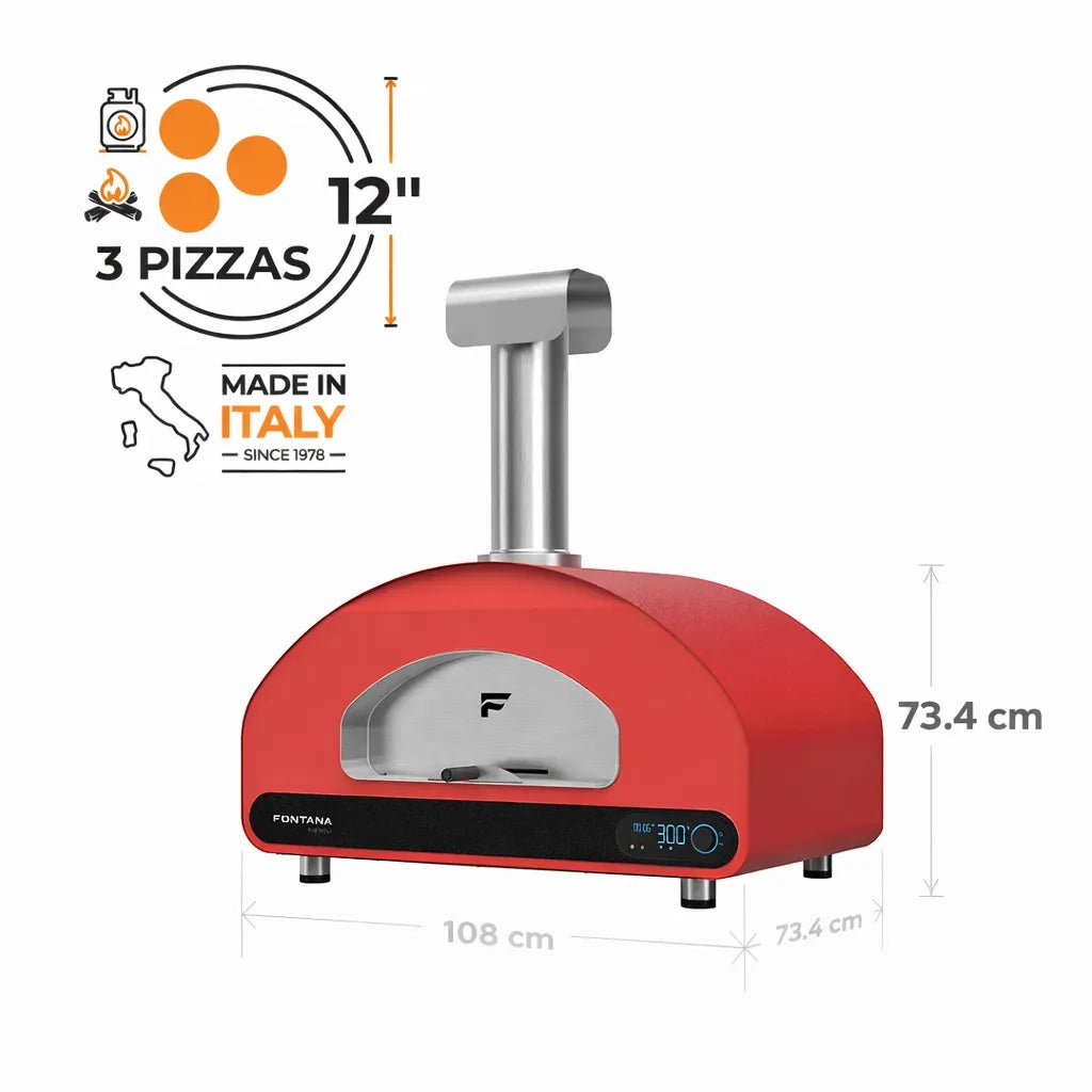 Fontana forni volta 90 dual fuel red pizza oven with silver chimney and digital control panel vt90rsc