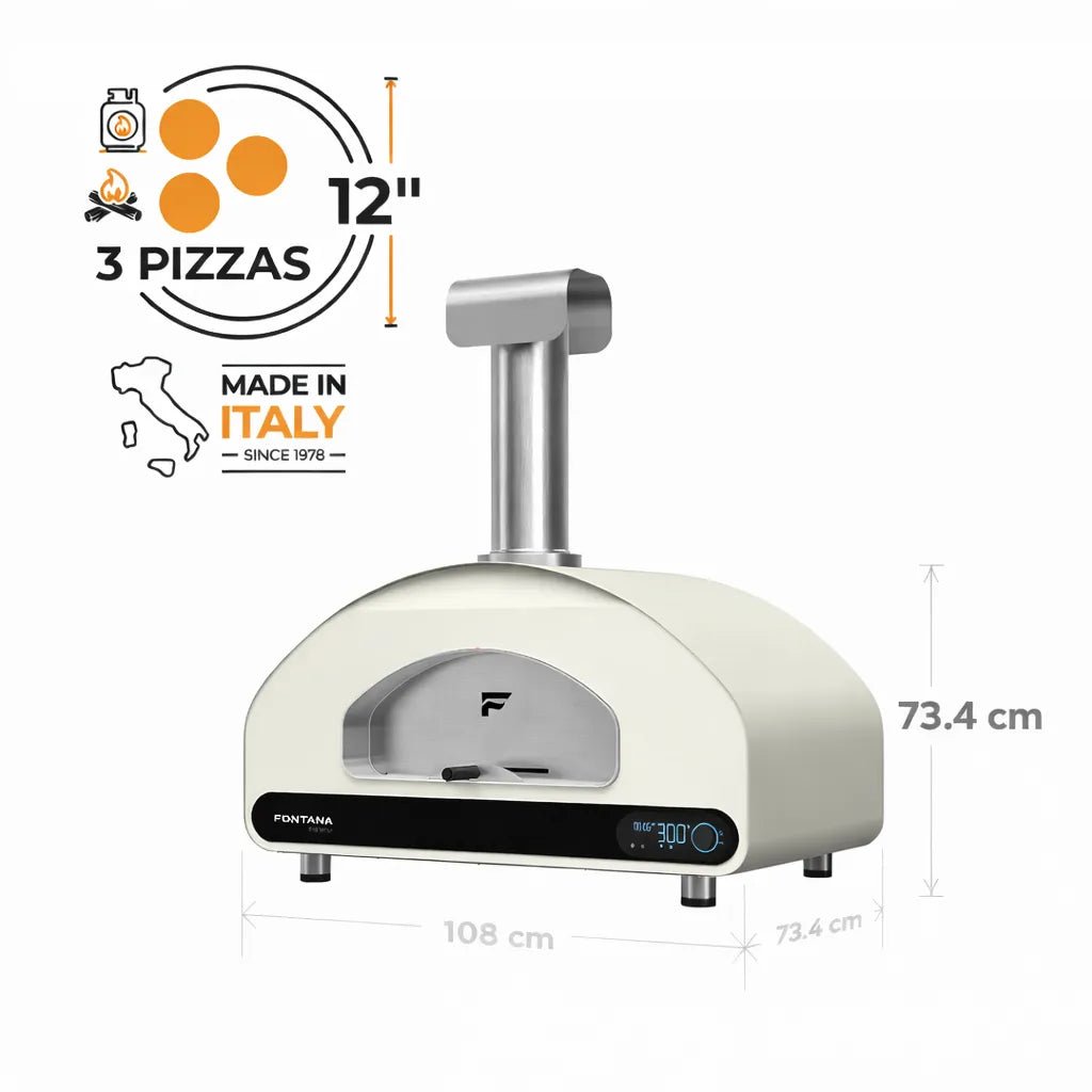 Cream-colored fontana 300 outdoor pizza oven with stainless steel chimney and digital control panel for easy cooking