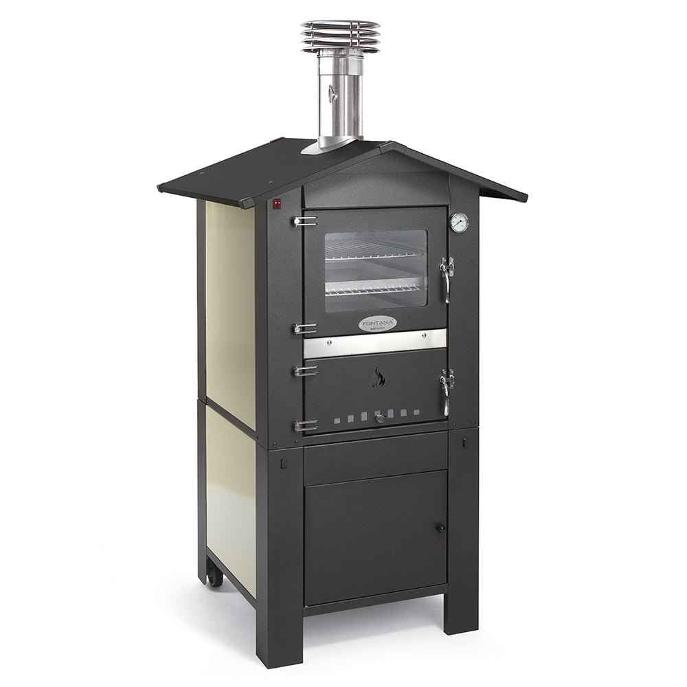 Black and cream castelli wood burning Fontana Forno Italia outdoor oven with stainless steel chimney