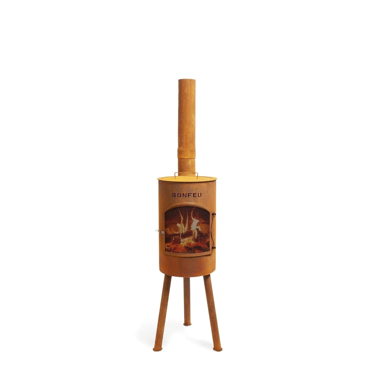Bonfeu BonGiano SP rust-colored metal outdoor fireplace with cylindrical body tripod legs and vertical chimney