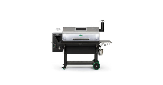 Gmg peak prime plus wifi pellet grill smoker in silver and black stainless steel with green wheels for outdoor cooking