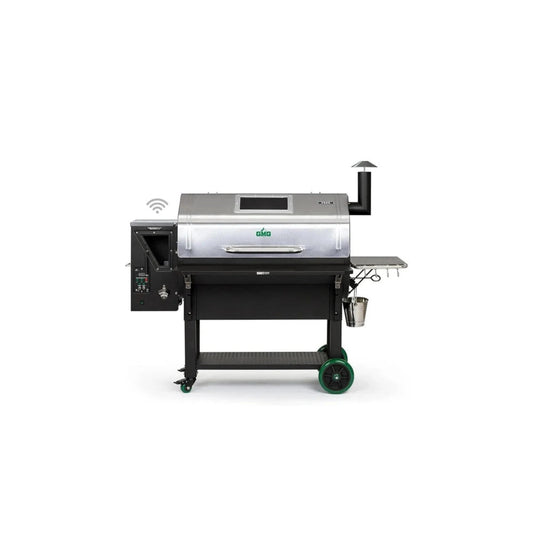 Gmg peak prime plus wifi pellet grill smoker in silver and black stainless steel with green wheels for outdoor cooking