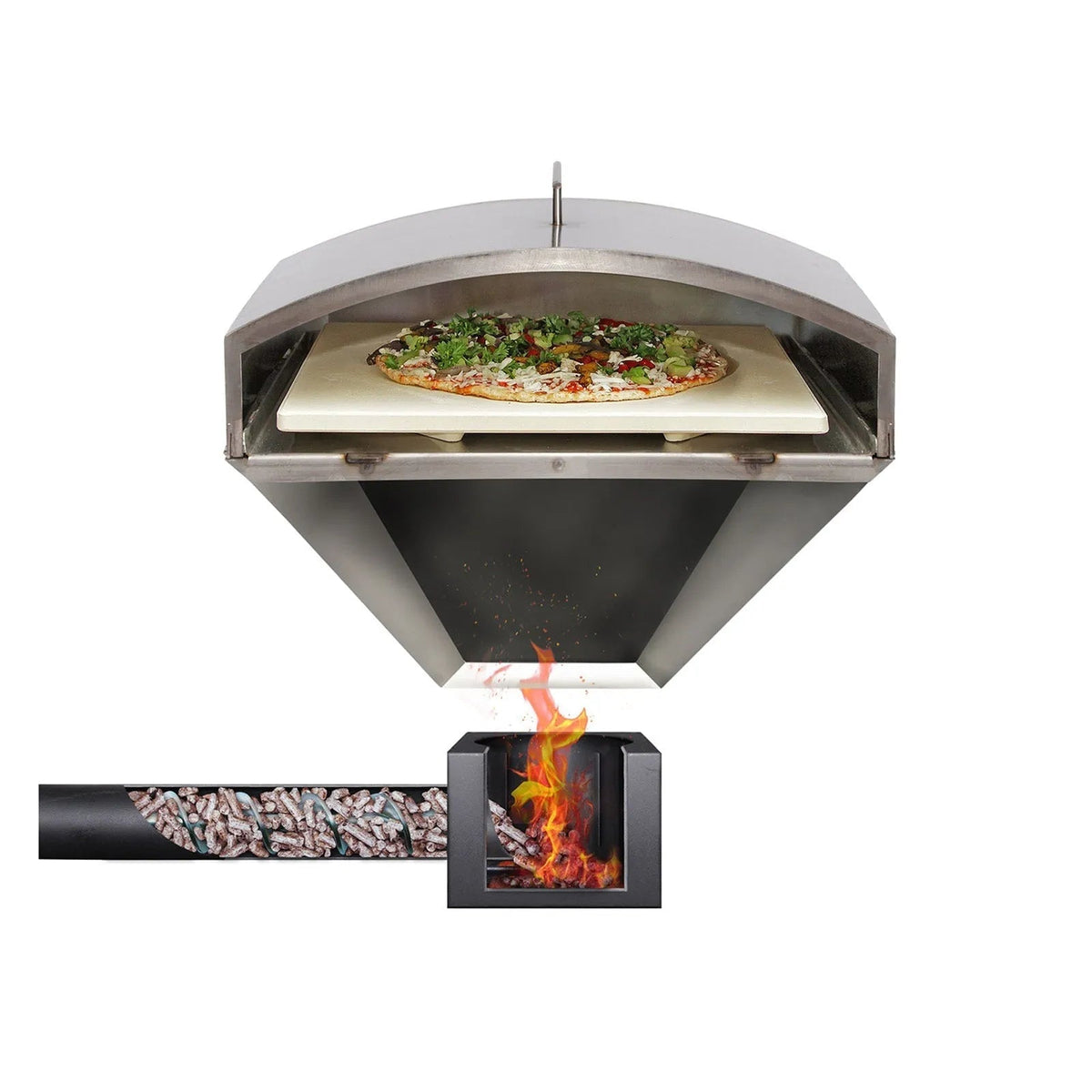 Stainless steel gmg pizza oven with white ceramic stone baking surface and inset firebox for outdoor cooking