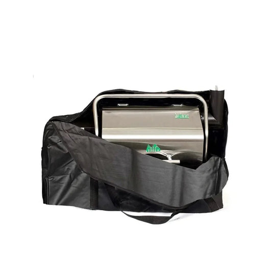 Stainless steel portable pellet grill inside a black gmG tote bag for trek grill gmG-6014 protection and transport