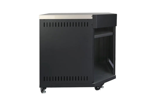 Black metal grllr connect corner kamado unit with stainless steel top vertical slotted vents and single interior shelf