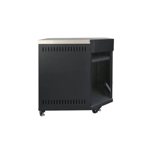 Black metal grllr connect corner kamado unit with stainless steel top vertical slotted vents and single interior shelf