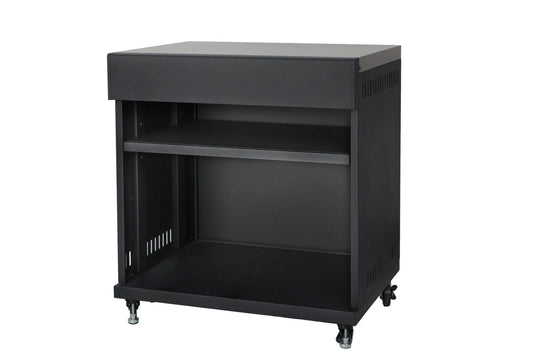 Black metal storage cart with two shelves and caster wheels for grllr connect kamado expansion unit gr-24-con-kau