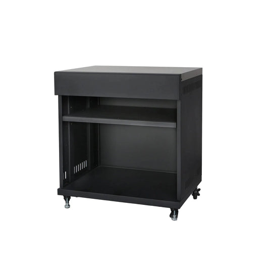 Black metal storage cart with two shelves and caster wheels for grllr connect kamado expansion unit gr-24-con-kau