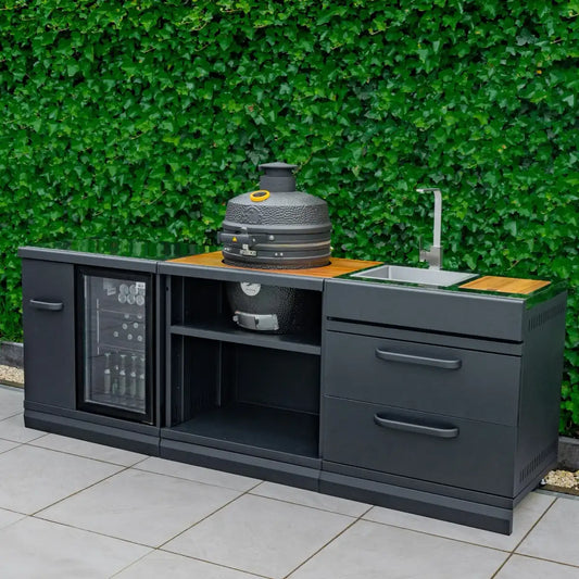 Black outdoor kitchen unit GRLLR Connect Sink Unit with integrated sink, refrigerator, storage drawers, and textured gray ceramic grill