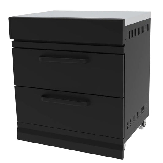 Black three-drawer mobile storage unit with white top and silver caster wheels grllr connect storage unit gr-24-con-st
