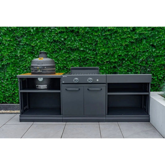 Black ceramic grllr ember classic 18 inch kamado grill with textured surface and yellow lid accent on wooden countertop