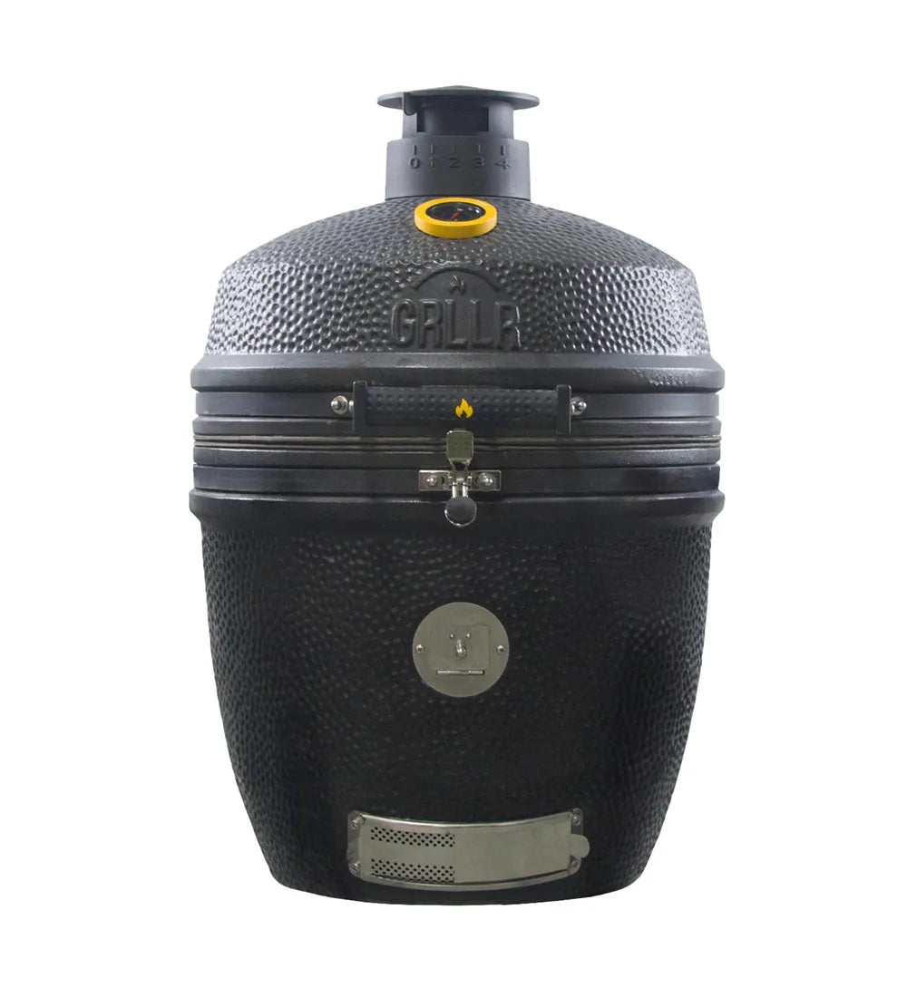 Grllr ember classic 22 inch matte black textured ceramic grill with yellow lid accent and silver metal hardware built in