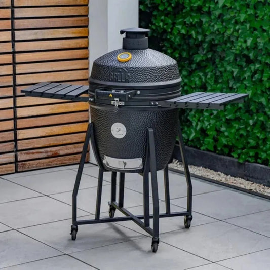 Grllr ember classic 22 inch black textured ceramic kamado grill with matte black trolley and metal side shelves stand