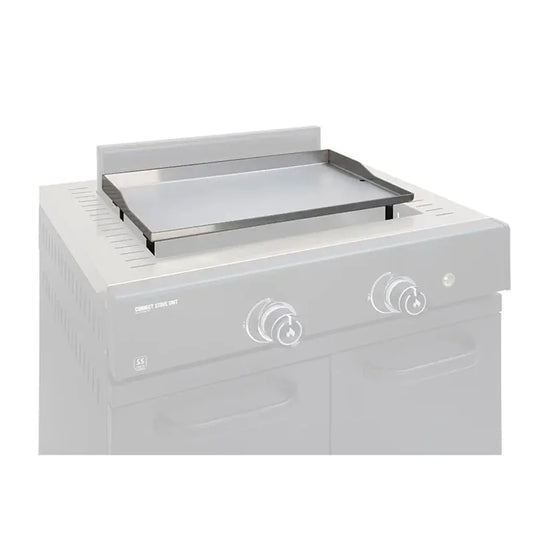 Silver stainless steel griddle plate with black metal frame mounted on white gas grill for GRLLR Plancha stove M2 Connect