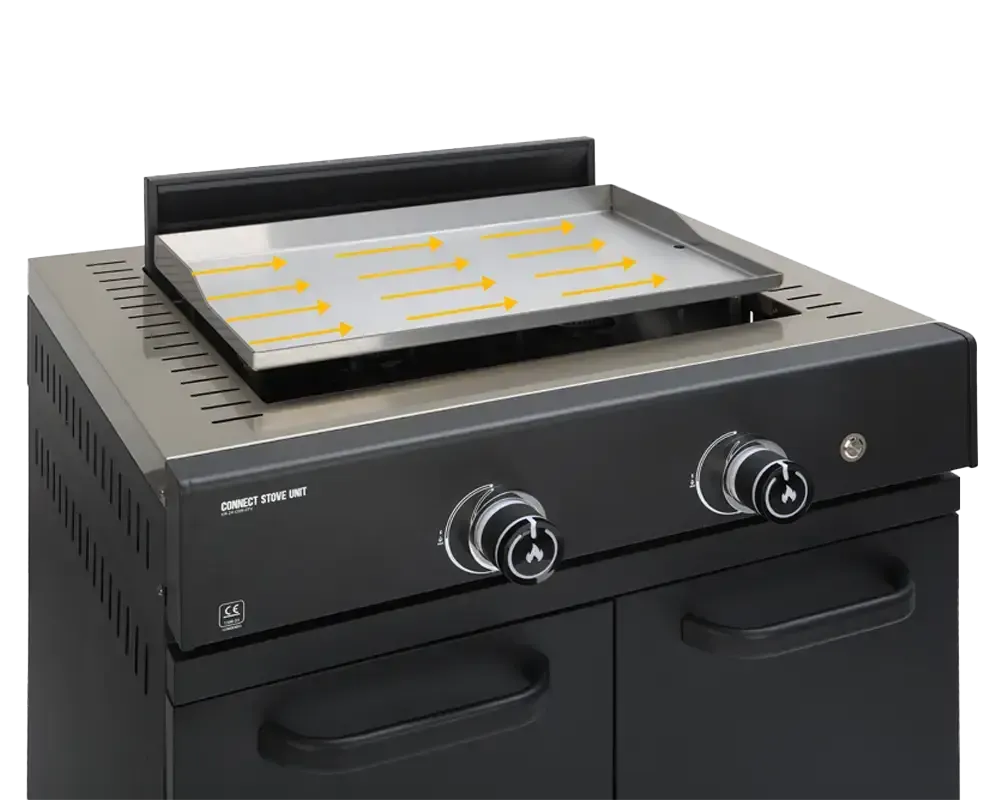 Black stainless steel gas griddle grllr plancha for stove m2 with flat reflective surface and two control knobs