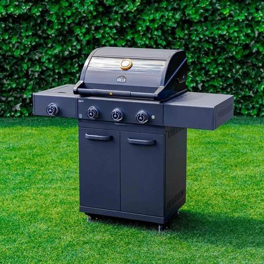 Black grllr prime g3s 3 burner gas barbecue with side burner featuring four control knobs gold lid knob side shelves and cabinets