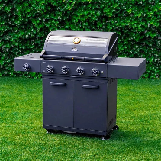 Black grllr prime g4s 4 burner gas barbecue with side burner and five control knobs in sleek modern design
