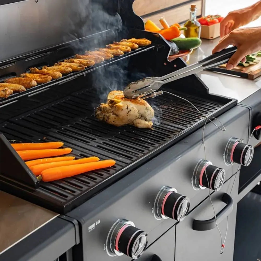 Grllr prime g4s black gas barbecue with four stainless steel grates and control knobs including side burner