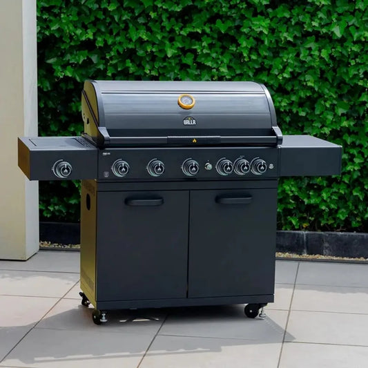 Black grilla gas grill with five burners multiple control knobs and storage cabinets for outdoor cooking GRLR Prime G5S