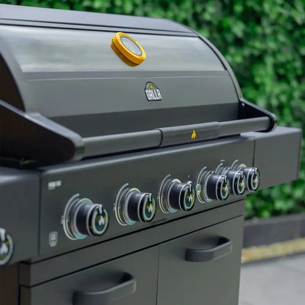 Black grllr prime g5s 5 burner gas barbecue with back and side burner featuring yellow knob on lid
