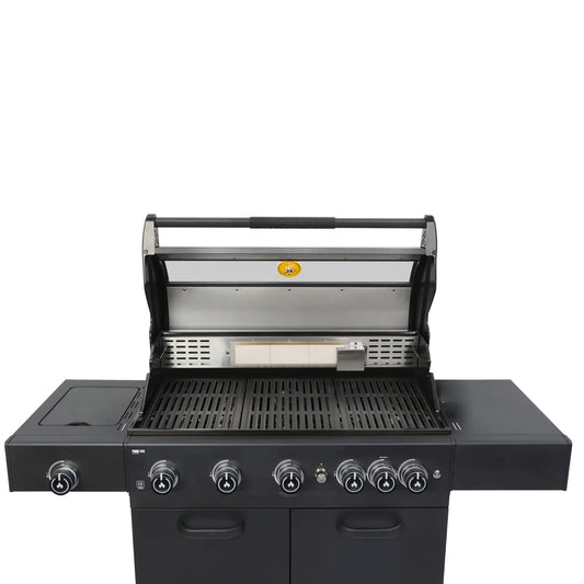 Black gas grill with stainless steel interior and six control knobs in GRLLR rotisserie for prime gas barbecues GR-24-ROT