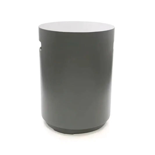 Gray cylindrical side table with smooth matte finish and subtle cutout details from happy cocooning enclosure round hcencro