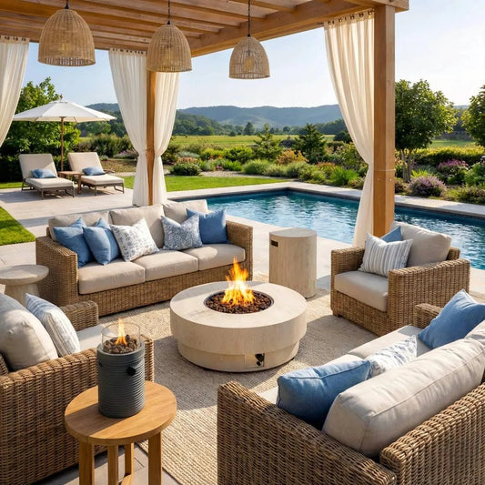 Woven wicker sectional sofa with beige cushions and blue accent pillows shown with happy cocooning estate round 105 gas fire pit table hce st105