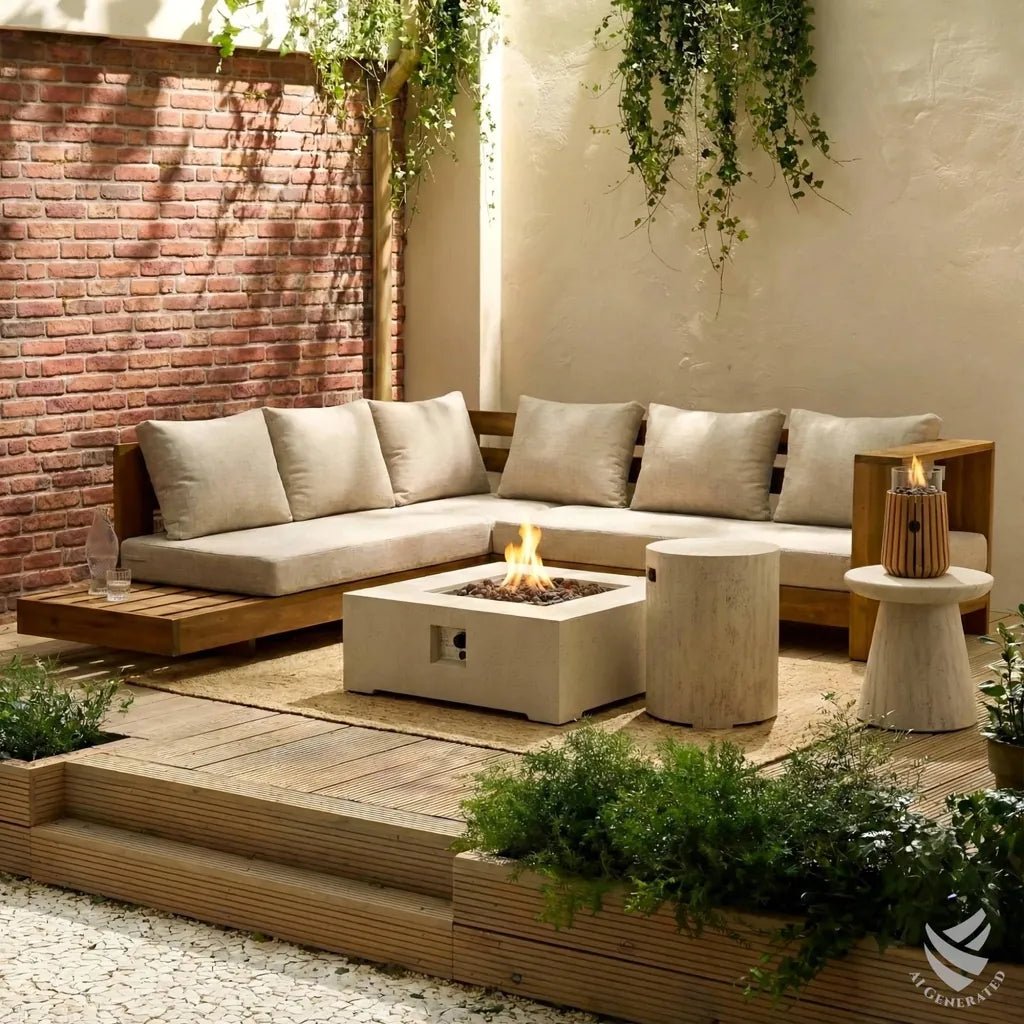 Modern beige sectional sofa with wooden frame and matching cushions paired with happy cocooning teak tabletop gas fireplace