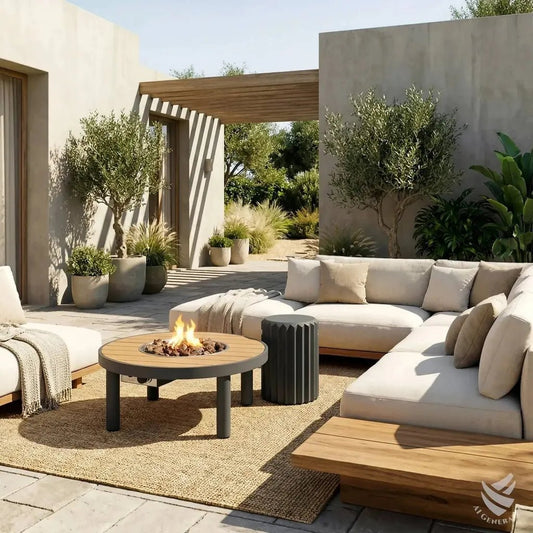 Beige sectional sofa with wooden frame and matching throw pillows paired with Happy Cocooning Riviera 80 gas fire pit table