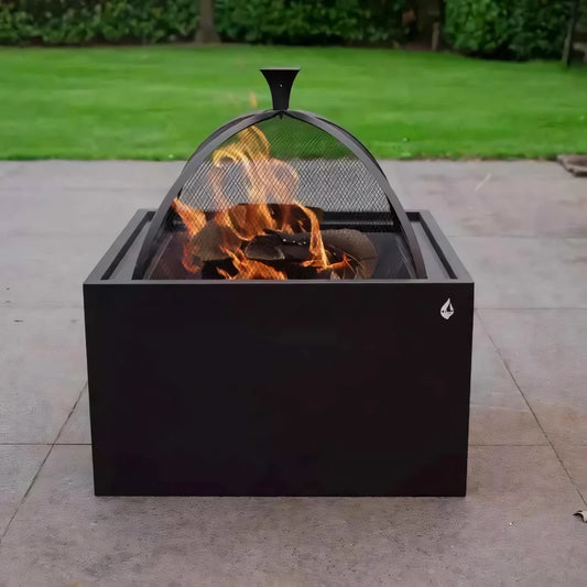 Black square heat 3 in 1 firepit with mesh dome cover and flames burning inside for firepit bbq and side table use