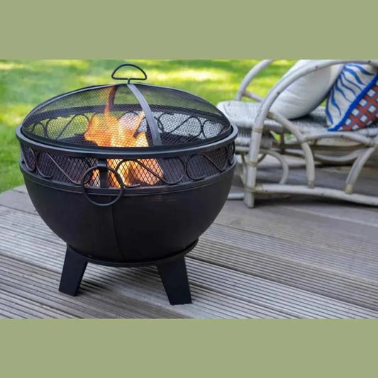 Black wrought iron heat boble firepit 60 cm with mesh spark screen and decorative scrollwork