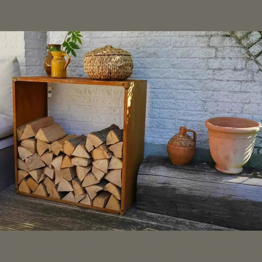 Rustic wooden firewood storage unit heat dokka ws.001 with neatly stacked logs inside for efficient wood organization