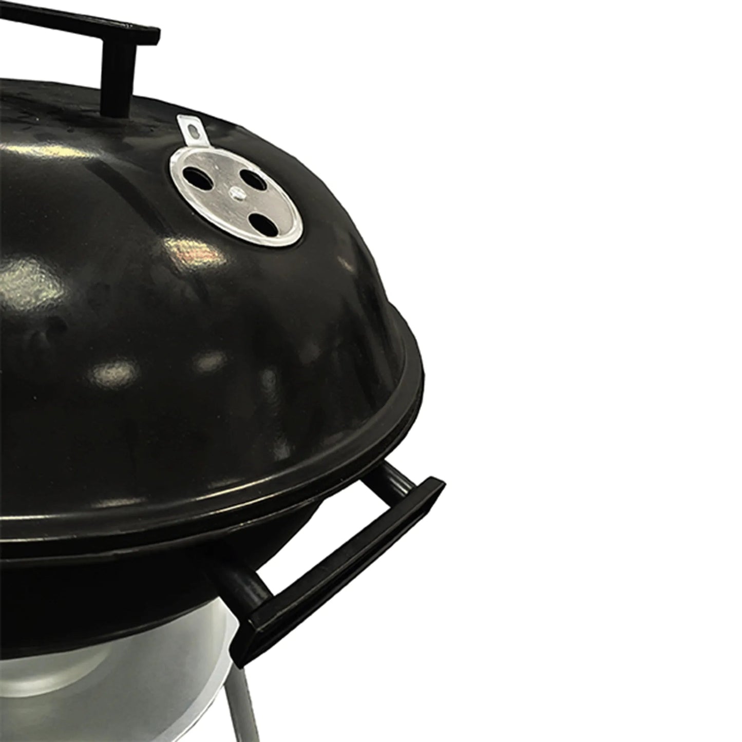 Lifestyle 17 inch black cast iron kettle charcoal BBQ with silver vented lid and side handle for outdoor grilling
