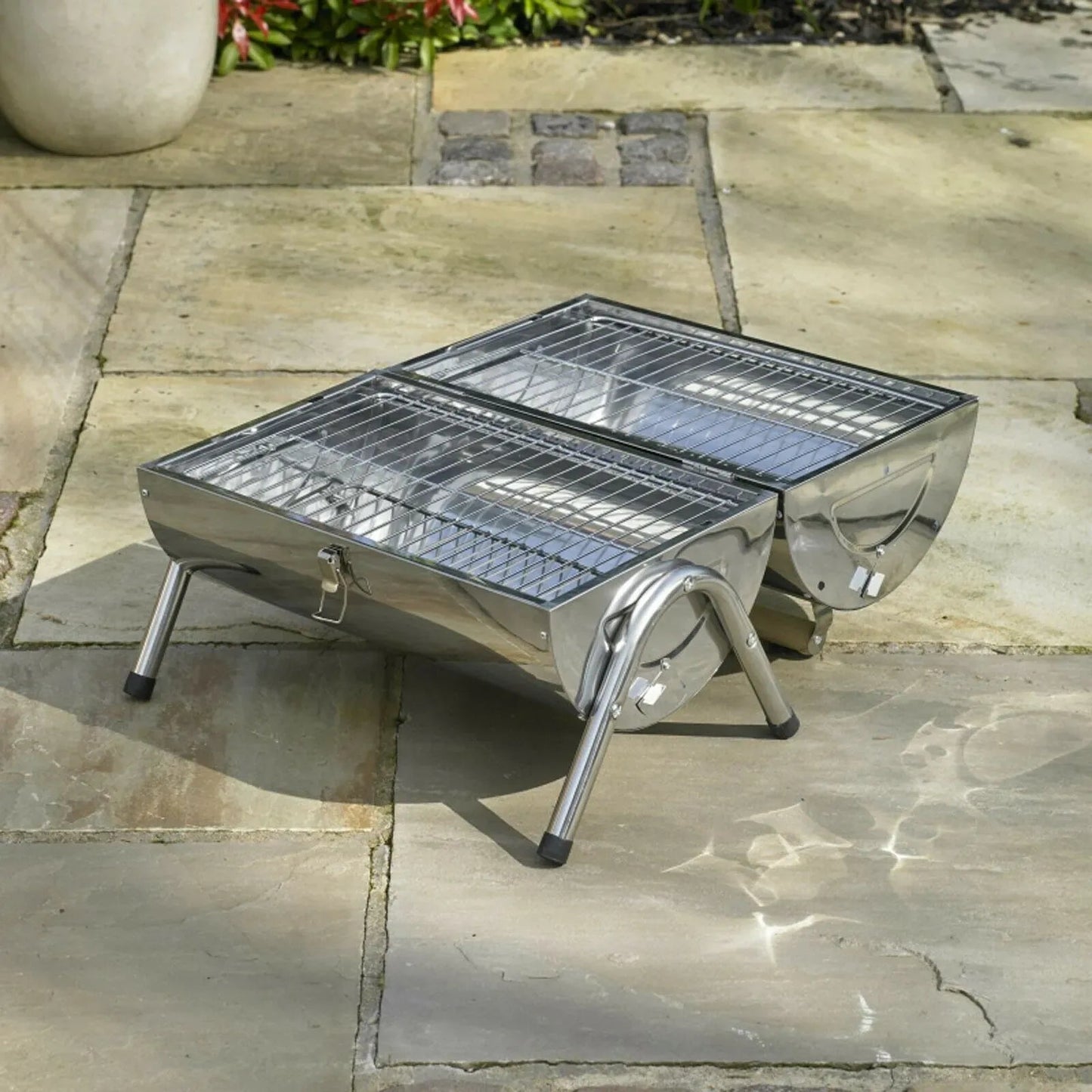 Lifestyle Explorer portable charcoal bbq lfs105 stainless steel folding grill with sleek reflective finish and sturdy legs