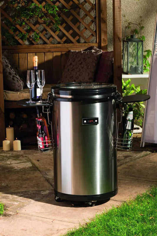 Lifestyle stainless steel electric party cooler with black lid and base side trays holding wine and beer bottles