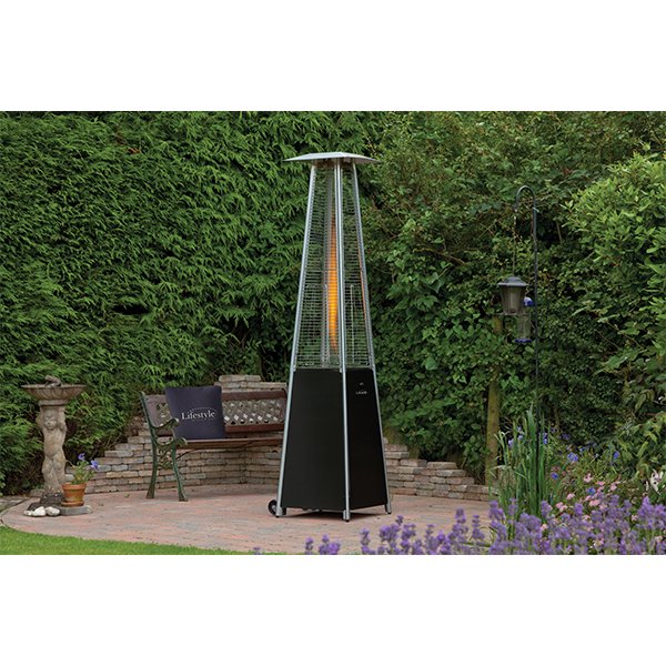 Lifestyle tahiti ii flame patio heater in black and silver with a visible heating element in a glass enclosure
