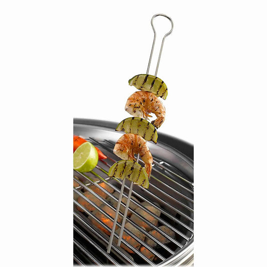 Martinsen kebab skewers 8pcs stainless steel with looped handle threaded with grilled shrimp and green bell pepper slices