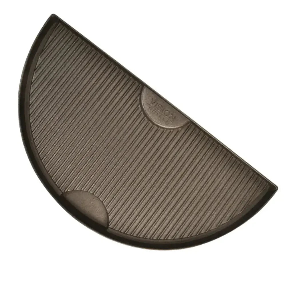 Dark brown cast iron semi-circular grill pan with ribbed surface and vison logo for grilling ma127 model
