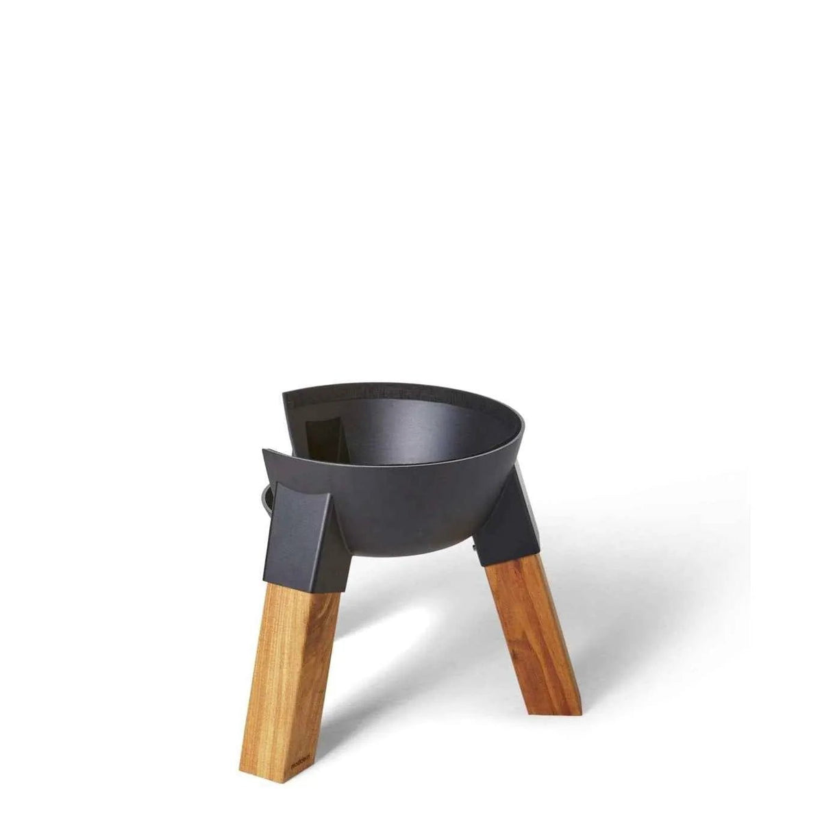 Black metal bowl fire pit with natural wood moddern kamado pedestal legs designed for modern outdoor use