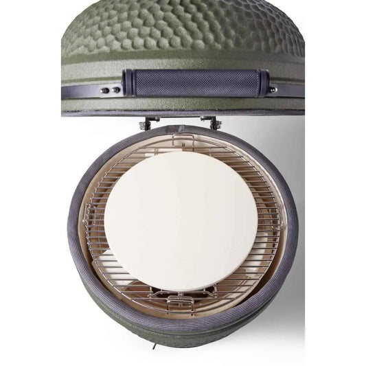 Olive green ceramic Moddern Kamado pizza stone grill with textured dome black handle and interior porcelain pizza stone