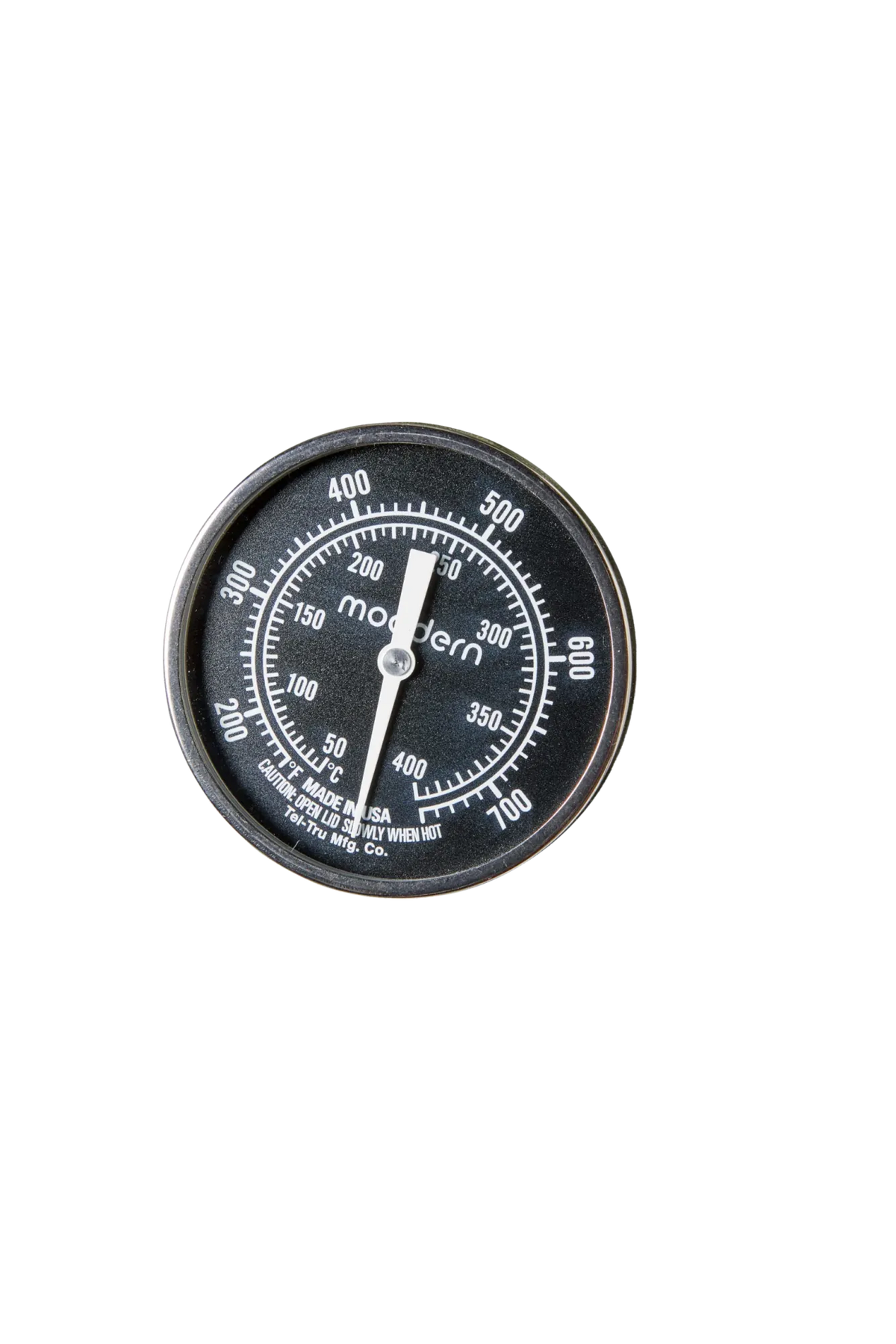 Black circular oven thermometer with white markings and silver needle by tel-tru mfg branded modern model MA129