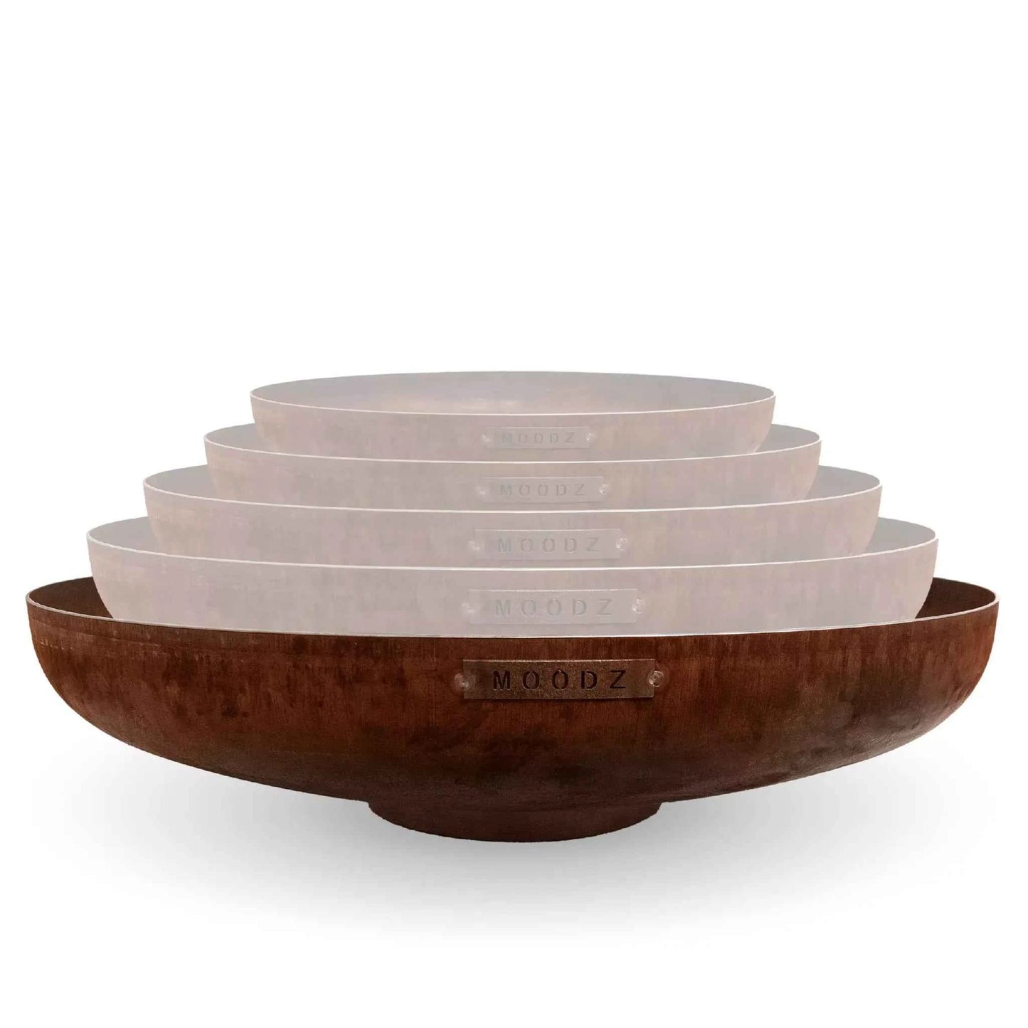 Set of five nested matte white ceramic bowls inside a rustic brown corten steel moodz classic fire bowl with brand plaque