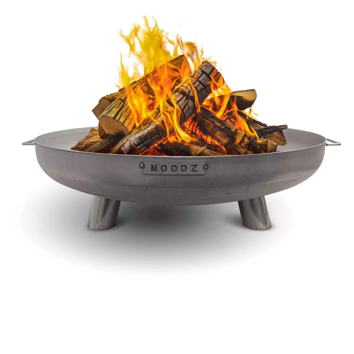 Silver steel MOODZ feet and handle fire bowl with three legs and side handles burning wood pile inside