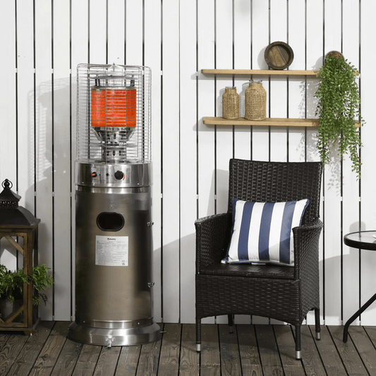 Outsunny 10KW Outdoor Gas Patio Heater Terrace Freestanding Bullet Style Heater with Wheels, Dust Cover, Regulator and Hose, 46 x 46 x 137, Silver 842 - 188V70SR - Garden & Outdoor