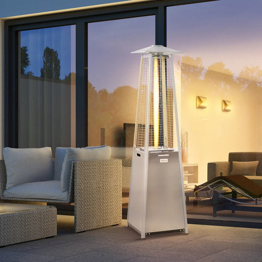 Outsunny 11.2KW Outdoor Patio Gas Heater Stainless Steel Pyramid Propane Heater Garden Freestanding Tower Heater with Wheels, Dust Cover, Regulator and Hose, Silver 842 - 193 - Garden & Outdoor