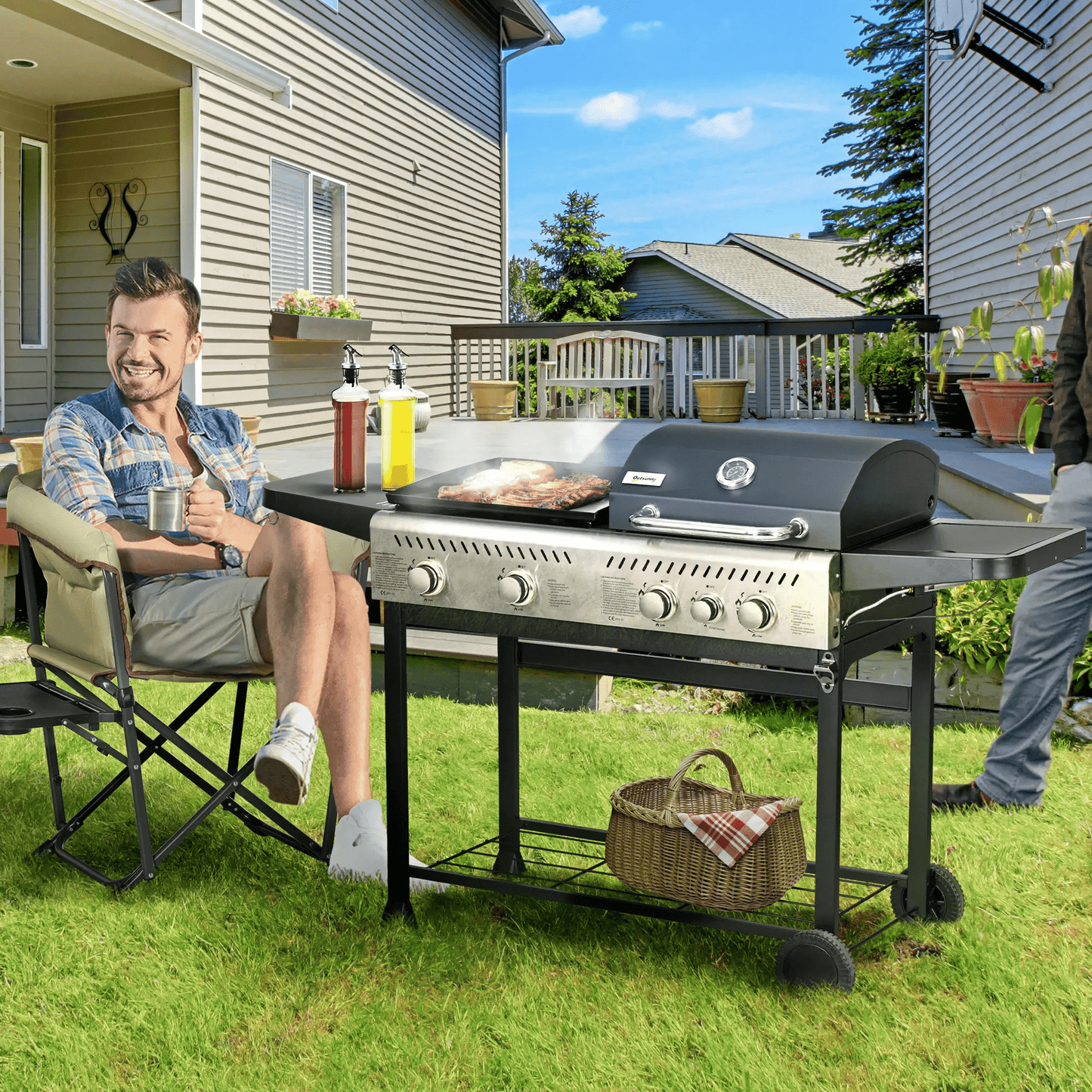 Outsunny 15kW Deluxe Duo Gas BBQ, with Grill, Plancha and Side Burner - Black 846 - 137V70BK - Garden & Outdoor