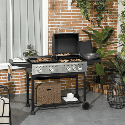 Outsunny 15kW Deluxe Duo Gas BBQ, with Grill, Plancha and Side Burner - Black 846 - 137V70BK - Garden & Outdoor